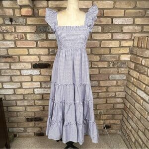 CLASSIC WHIMSY blue white windowpane print smocked maxi dress